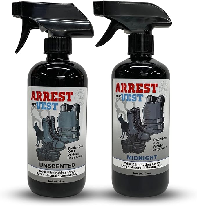 Arrest My Vest Military Grade Odor Eliminating Spray for Body Armor Tactical Gear and K9 Equipment. Safe on All Ballistic Vests Fabrics &amp Police Gear 1 Midnight &amp 1 Unscented 16 oz Bottles