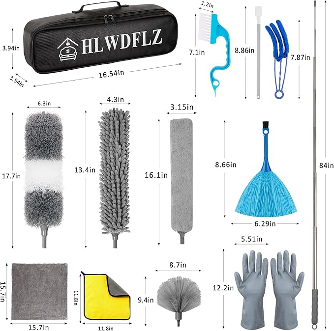 Microfiber Duster Kit 27pcs with 30 to 100 Inches Extension Pole and Wall Cleaner Mop Washable and Bendable Feather Duster for Cleaning Ceiling Fans High Ceilings Cobwebs Blinds Grey