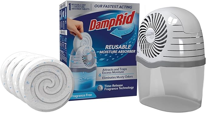 DampRid Reusable Moisture Absorber with 4 Drop-In Tablets Fragrance Free 15.8 oz. Attract and Trap Excess Moisture &amp Eliminate Musty Odors for Cleaner Fresher Air