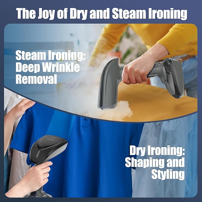 Powerful Handheld Fabric Steamer - 1800W with Fast Ceramic Heat-Up Plate 2-in-1 Ironing &amp Wrinkle Remover Steam Nozzle Lint Brush - Gray for US 120V Only