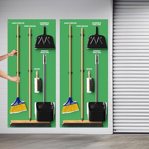 Clean &amp Sweep 5S Shadow Board/Wall Mount Broom Holder 68 x 30 Board 5S Cleaning Station - with Broom and Dustpan Set Included Made in The USA by AccuformNMC Green/White PSB116GNWT