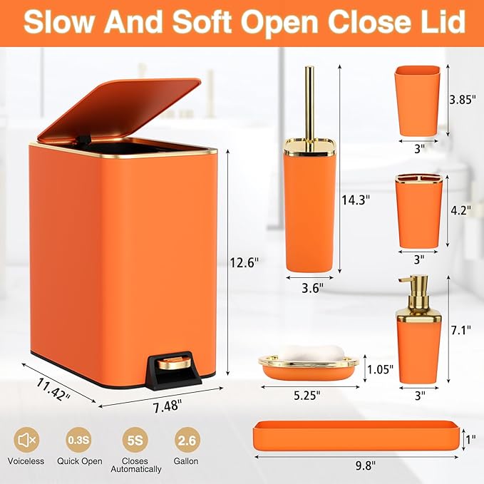 Bathroom Accessories 8 Piece Orange and Gold Bathroom Set Bath Accessories with Stainless Steel Trash CanToilet BrushToothbrush SetSoap Dispenser