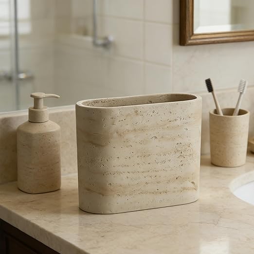 Natural Travertine Textures Mini Trash Can Small Counter Rectangle Trash Can for Bathroom Kitchen Table Desk Tiny Waste Basket for Vanity - Silicone Pad Anti Scratch Non-Slip (Made of Resin)