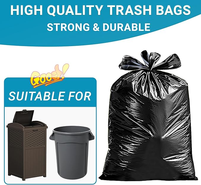 33 Gallon Trash Bags with 4 Innovative Flap Ties 120 Count 1.1 Mil THICK Heavy Duty Compatible with Rubbermaid Brute &amp Winco &amp Behrens 30-33 Gallon Round Trash Can Tear &amp Leak Resistant