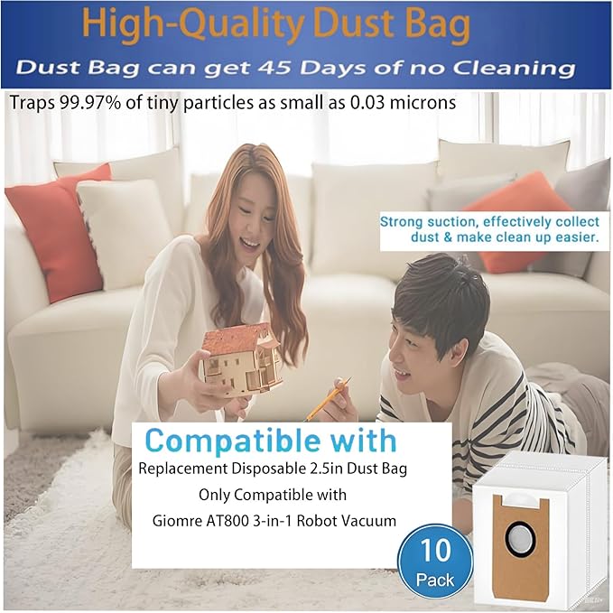 Dust Bags Replacement for Loorow AT800 3-in-1 Robot Vacuum Cleaner Include 10 Pack Vacuum Bags (Incompatible model: Giomre AT800）
