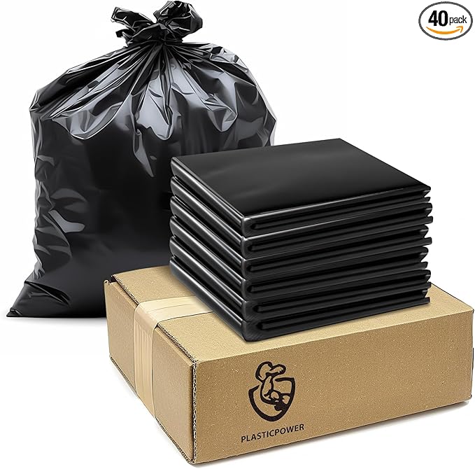 PLASTICPOWER-40 packs-Construction Heavy Duty Trash Bags 45-50 Gallons |38 * 46| 3mil Thickness -Suitable for Kitchen CommercialConstruction Sanitation Hotel-MADE IN USA