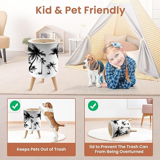 Bathroom Trash Can with Lid Black White Photo Palm Trees Garbage Bin Waste Basket for Kitchen Office Bedroom Decoration Diaper Pail 1.8 Gallon