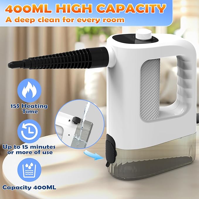Steam Cleaner 3-Level Adjustable Handheld Steam Cleaner 15s Heat-Up 400ML Large Capacity Steamer Cleaning with 14 pcs Accessories Portable Steam Cleaner for Home for Dirt Grease TileFloor Car