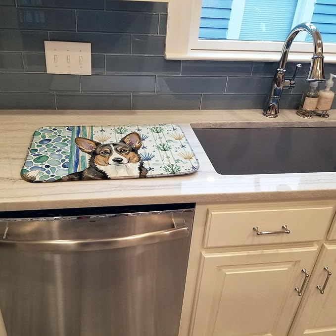 Caroline's Treasures Brindle Cardigan Welsh Corgi Coastal Sea Glass Dish Drying Mat Absorbent Dish Drying Mat Pad for Kitchen Counter Dish Drainer Mat for Countertop 14 x 21 Multicolor