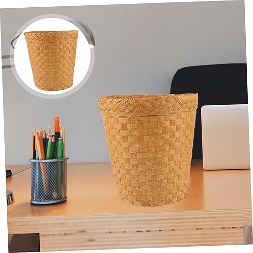 Luxshiny Bamboo Rattan Trash Can Storage Basket Desk Waste Basket for Bedroom Bathroom