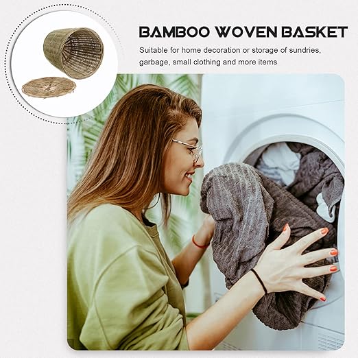 Rattan Waste Basket with Lid - Round Wicker Trash Can Garbage Container Bin Laundry Basket Flower Pots Woven Storage for Home Office
