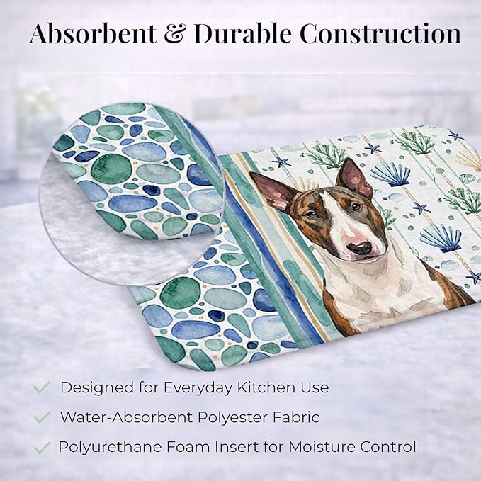 Caroline's Treasures Brindle and White Bull Terrier Coastal Sea Glass Dish Drying Mat Absorbent Dish Drying Mat Pad for Kitchen Counter Dish Drainer Mat for Countertop 14 x 21 Multicolor
