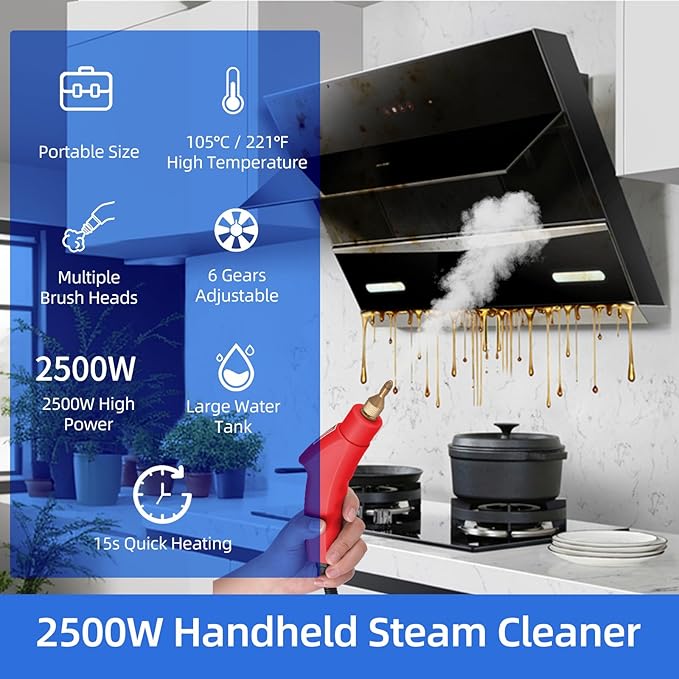 2500W High Pressure Steam Cleaner High Temperature Pressurized Steam Cleaning Machine 1100ml 3 Bar Portable Handheld Steam Cleaners with 3 Brush Heads for Home Use/Car Detailing