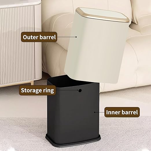 2 Gallon Small Office Bathroom Trash Can with Swing LidLiving Room Bedroom Garbage can Wastebasket binInner BucketMetal Decor Trash Can (Cream White)