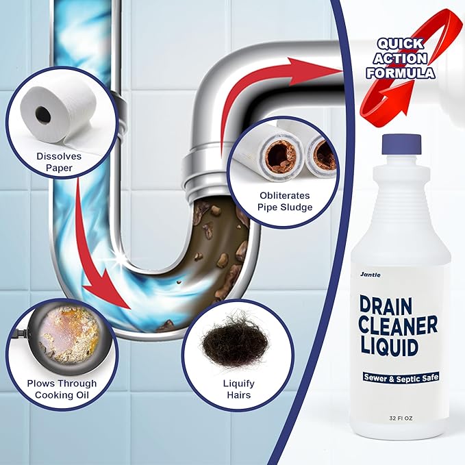 Drain Cleaner Liquid Drain Clog Remover 12 PK (32 Oz Per Bottle) Shower Drain Cleaner Hair Clog Removal - Plumbing &amp Septic Safe - Breaks Down Grease Paper Fat Oil - Easy to use - 3 Pack