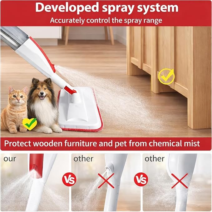 Spray Mop for Floor Cleaning with Refillable Bottle (14 oz) 3 Washable Microfiber Pads &amp Scraper – Lightweight 360° Rotating Mop No Batteries Streak-Free Cleaning for Hardwood Tile &amp Lamin