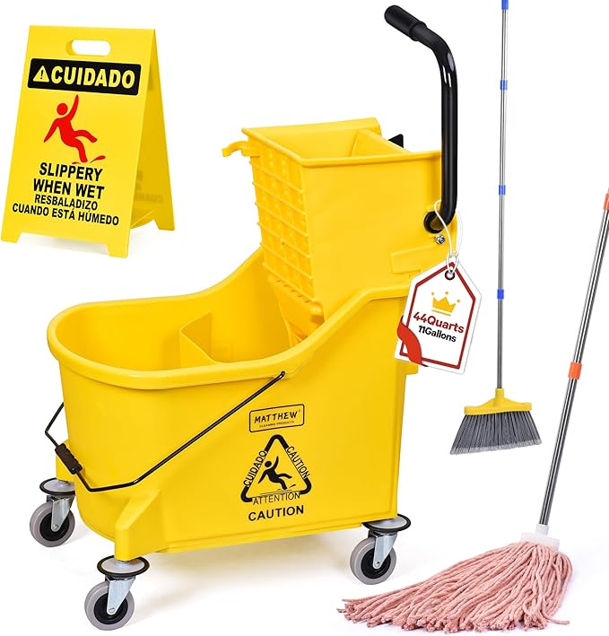 Matthew Cleaning 44Quart Commercial Mop Bucket INCL.Wet String Mop&amp 19'' Industrial Wet Floor Sign with Side Press Wringer On WheelsTandem Portable Floor Cleaning WavebrakeIdeal for Household