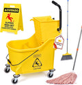Matthew Cleaning 44Quart Commercial Mop Bucket INCL.Wet String Mop&amp 19'' Industrial Wet Floor Sign with Side Press Wringer On WheelsTandem Portable Floor Cleaning WavebrakeIdeal for Household