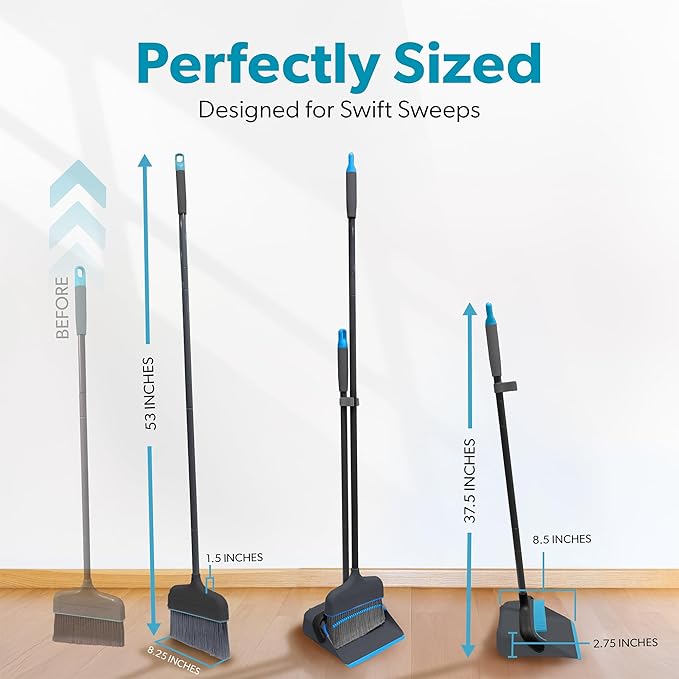 BLACK+DECKER Butler Broom &amp Dustpan Set - Short Handle Stand-Up Design - Lightweight Space-Saving Combo for Kitchen Living Room Bathroom Lobby Floors - Home Cleaning Essential Black/Blue
