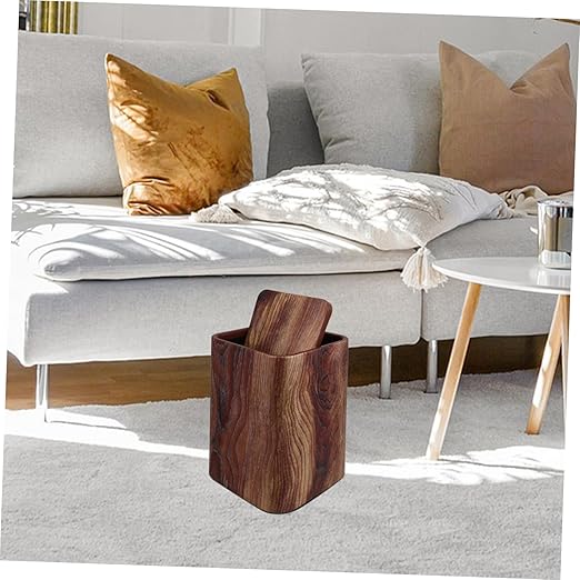 Elegant Swing Lid Waste Basket Imitation Wood Grain Trash Can for Kitchen Bathroom