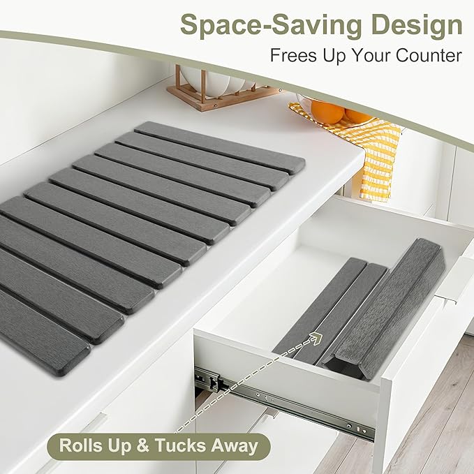 Dish Drying Mat Foldable Drying Mat for Kitchen with Non-Slip Pad &amp Sandpaper Draining Rack Sink Mat 23.6x15.4 Inch Dark Gray 1 Set