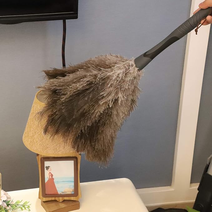 Gray Ostrich Feather Duster with 71Inch PoleExtendable Microfiber Duster for Home Cleaning