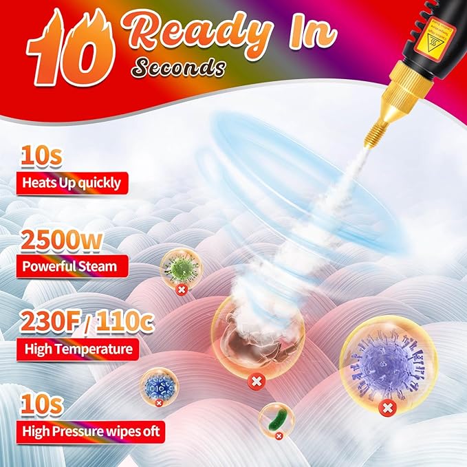 2500W Handheld Steam Cleaner Pressurized Steamer for Cleaning1000ml Portable Steam Cleaning for Home UseSteam Cleaning Machine Portable Car Steamer W/Brush Heads (Steam-Rd3)
