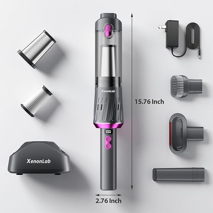 Handheld Vacuum Cordless 25000Pa Car Vacuum 3-in-1 Handheld Vacuum Includes Smart Display and Charging Base Hand Vac Cordless Rechargeable One-Touch Empty for Home/Pet/Car (Purple)