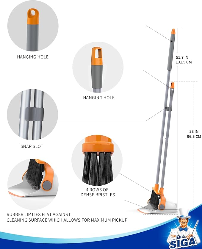 MR.SIGA Broom and Dustpan Set with Long Handle Stand Upright Broom with Dustpan Combo for Cleaning Office Garage Lobby Lightweight Sweeping Set 51.7(131 cm) Long Handle White &amp Orange