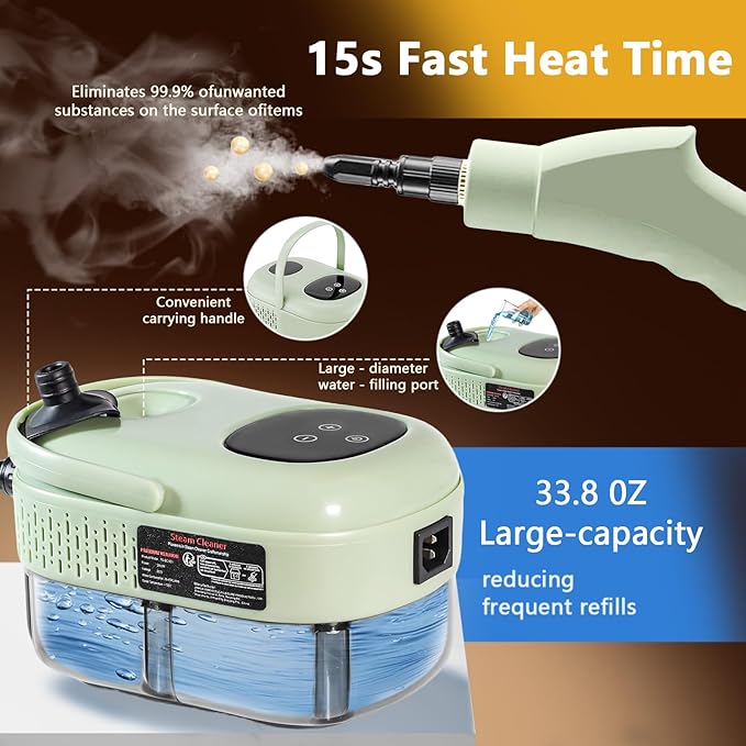 Steam Cleaner 15s Heat-Up 6-Level Adjustable Handle High Pressure Steamer for Cleaning with 11 pcs Accessories Handheld Cleaning Steamer for Home Floors Car Upholstery Grout Bathroom Kitchen