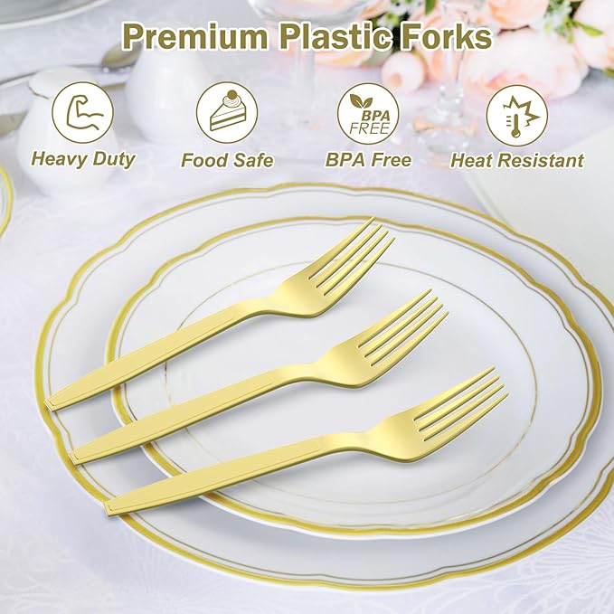 360 Count Extra Heavy Duty Gold Plastic Forks Disposable BPA-Free Heat Resistant Solid and Durable Disposable Forks Bulk Premium Plastic Forks heavy duty for Party Supply
