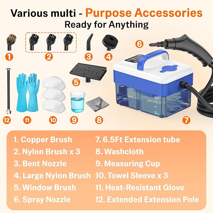 2500W Handheld Steam Cleaner with 16pcs Accessories &amp 1.6L Tank 10S Fast Heating &amp High Temperature Portable Steam Cleaner for Home Car Steamer for Cleaning Windows Grout Upholstery and M