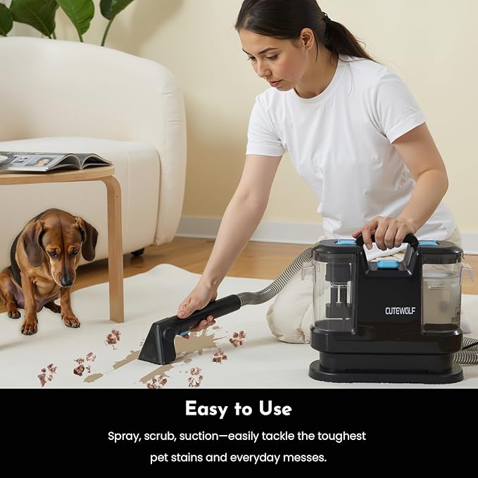 Cutewolf Portable Carpet and Upholstery Cleaner Powerful Suction Carpet Cleaner with Dual Brush Heads Deep Stain Spot &amp Odor Remover for Carpets Area Rugs Couches Auto Interior (Black)