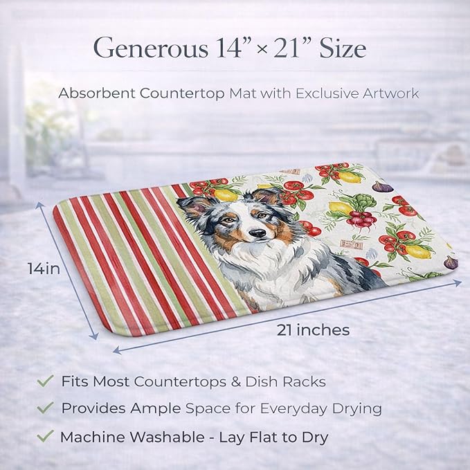 Caroline's Treasures Blue Merle Border Collie Vegetables Dish Drying Mat Absorbent Dish Drying Mat Pad for Kitchen Counter Dish Drainer Mat for Countertop 14 x 21 Multicolor