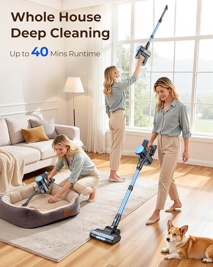 N8 Cordless Vacuum CleanerLightweight Stick Vacuum with Powerful Suction2200mAh Battery40 Mins Runtime Self-StandingRechargeable Vacuum Cleaners for Home Hardwood Floor Pet Hair (Azure)