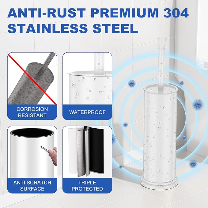 Toilet Brush and Holder Set：304 Stainless Steel Heavy Duty Toilet Bowl BrushRemovable Inner Bowl and Splash ProtectionBathroom Toilet Brush-Dense Bristles for Through Cleaning
