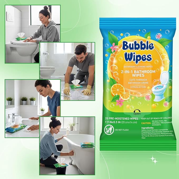 10 Pack Bathroom Cleaning Wipes – 200 Count Citrus Scented 2-in-1 Cleaner bubble Wipes for Bathroom Toilet Sink Tile &amp Shower – Reusable Sealable Pouch No Scrubbing Needed