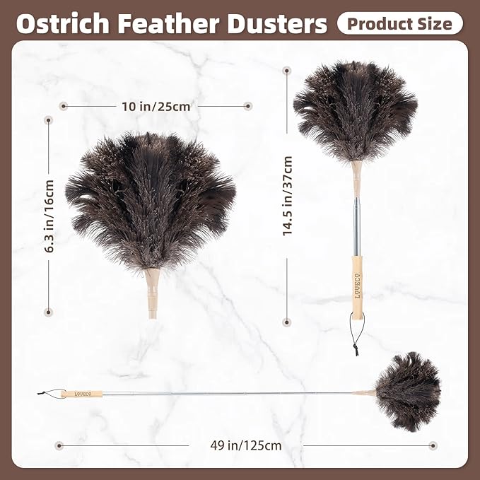 Ostrich Feather Dusters for Cleaning Kit - Reusable Soft Feather Duster Extendable to 49 inches for Cleaning Ceiling Fan High Ceiling Blinds &amp Retractable Small Duster for Keyboard Car