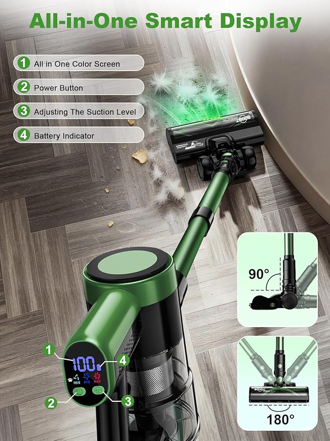 Cordless Vacuum Cleaner 58Kpa Vacuum Cleaners for Home 55Mins Stick Vacuum with Self-Standing &amp LED Display Anti-Tangle &amp Wall Mount Charging (Green)