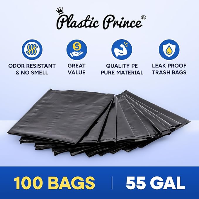 55 Gallon Trash Bags 2 Mil Heavy Duty Fit Rubbermaid Brute Rollout Round and Square 32-55 Gallon Trash Cans 36 x 50 Large Durable Garbage Trash Can Liners Black Pack of 100