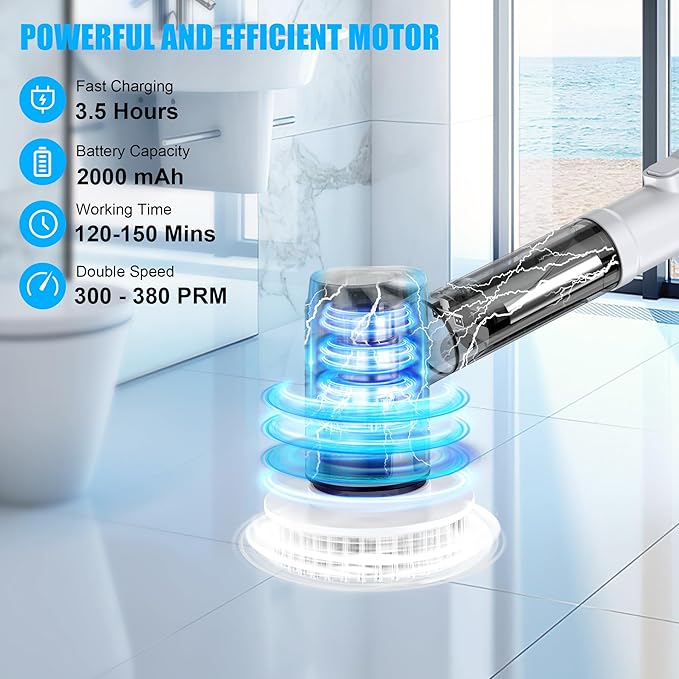 Electric Spin Scrubber Scrub Brush Dual Speed Power Shower Scrubber with 6 Replacement Head Cordless Cleaning Brush with Extension Handle for Bathtub Grout Tile Floor White