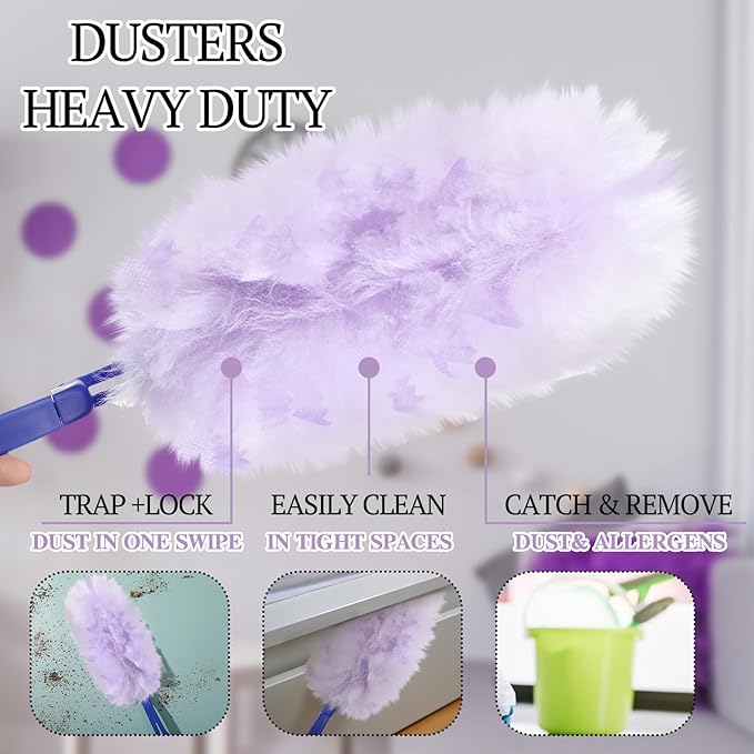 Vesici 100 Pcs Duster Refills Compatible with Swiffer Dusters Bulk Disposable Replacement Thickened with 1 Handle Heavy Duty for Cleaning Office (Purple)
