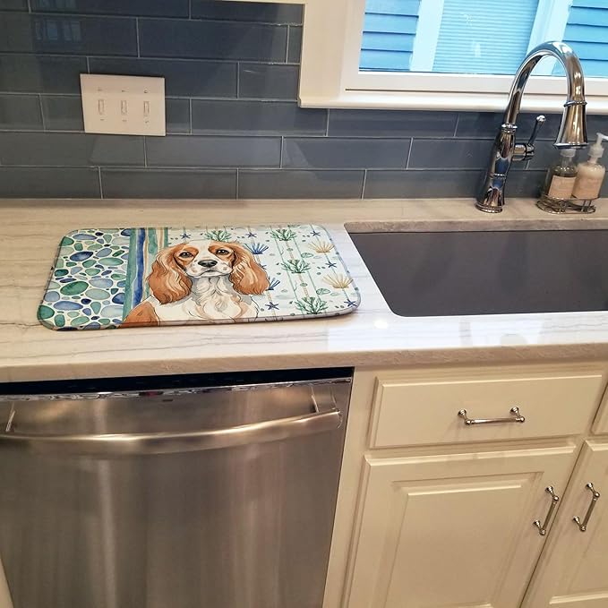 Caroline's Treasures Blenheim Cavalier Spaniel Coastal Sea Glass Dish Drying Mat Absorbent Dish Drying Mat Pad for Kitchen Counter Dish Drainer Mat for Countertop 14 x 21 Multicolor