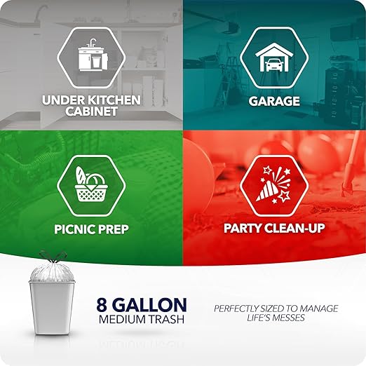 Color Scents Medium Trash Bags - 8 Gallon 200 Total Bags (8 Packs of 25 Count) Drawstring - Silver Bag in Simply Clean Scent with Microban