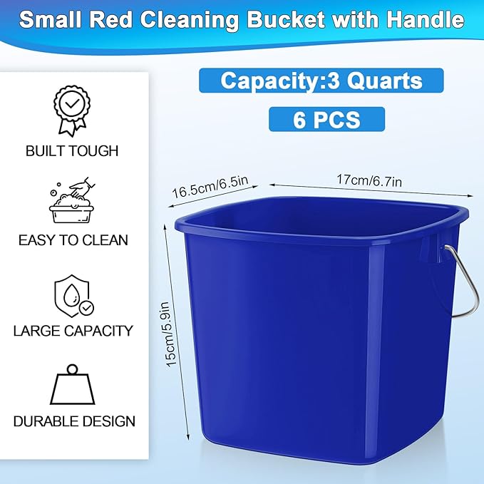 Zhehao 6 Pcs 3 Quart Bucket for Cleaning Small Sanitizer Bucket for Restaurant Square Plastic Pail with Handles for Home Offices Commercial Use Food Service(Dark Blue)