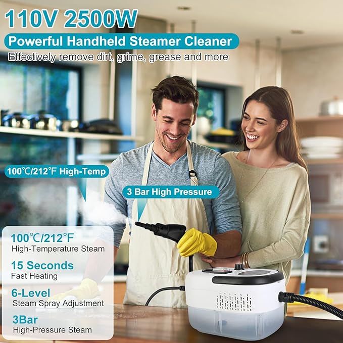 Steam Cleaner 2500W Portable Handheld Steamer for Cleaning with 6-Level Adjustable 15s Heat-Up &amp 1.27 Quarts Tank High Pressure Steam Cleaner for Home Car Grout Tile Dirt Grease Floor