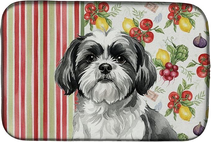 Caroline's Treasures Black and White Shih Tzu Vegetables Dish Drying Mat Absorbent Dish Drying Mat Pad for Kitchen Counter Dish Drainer Mat for Countertop 14 x 21 Multicolor