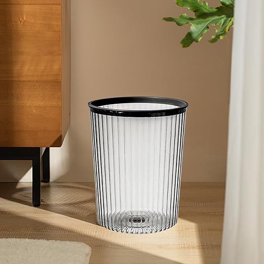 Clear Trash Can Garbage Bin Round Shape Clear Waste Basket Large Capacity Garbage Container with Top Rings for Bathroom Kitchen Dorm (Black)