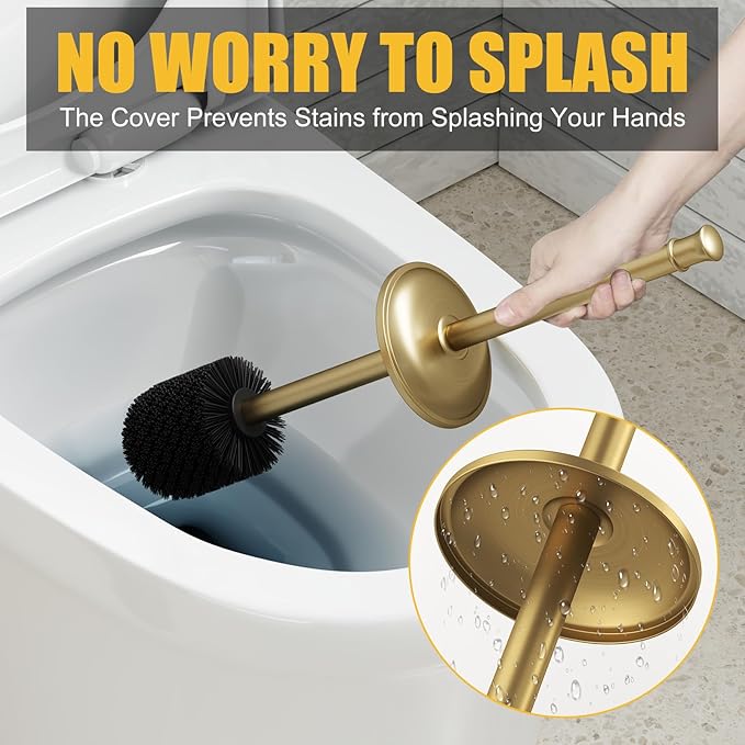 BESy Toilet Brush and Holder Toilet Cleaner Bowl Set with Two Brush with Extra Long Handle Durable Bristles Toilet Scrubber and Covered Holder Drip-Proof Stainless Steel Brushed Gold