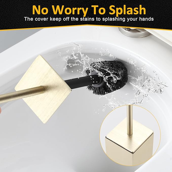 Toilet Brush and Holder Floor Standing Brushed Gold with 2 Replaceable Heads Bathroom Toilet Brush Freestanding Toilet Bowl Brush with Removable Liner and Splash Guard Modern Square Design